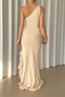 Beige One Shoulder Knot Detail Slit Long Scuba Fabric Evening Dress - 2