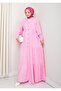 Women's Buttoned Floor Detailed Pink Linen Dress