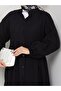 Women's Buttoned Floor Detailed Black Linen Dress - 6
