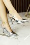 Sacha Silver Mirror Open Back Strap Thin Heeled Stiletto Shoes