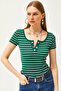 Women's Emerald Green Metal Buttoned Striped Knitted Blouse - 3