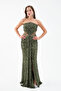 Women's Khaki Slim Fit Strapless Slit Long Evening Dress - 2