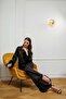 Black satin, long-sleeved pajama set, with goose down detail. - 2