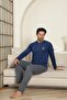 Men's Cotton Long Sleeve Navy Blue Pajama Set - 2