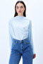 Women's Ice Blue Stand Collar Shoulder Draped Sandy Crop Blouse Alc-X9554 - 3