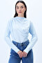 Women's Ice Blue Stand Collar Shoulder Draped Sandy Crop Blouse Alc-X9554 - 2