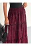 Women's Large Size Red Color Elastic Waist Ruffled Woven Fabric Long Skirt Length 100 cm - 5