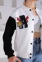 Black and White Bomber Collar Oversized Snap Fastener Fleece College Bomber Jacket (Three Thread Raised) - 5