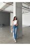 Women's Dark Blue Color Shiny Stone Wide Leg Special Design Denim Palazzo Pants - 3