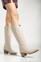 Women's Beige Leather Embroidered Cowboy Long Boots - 3