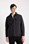 Black Slim Fit Shirt Collar Puffer Coat with Pockets and Snap Closure 3136097