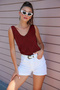 Women's Front Back V Neck Sleeveless Strap Glitter Detailed Burgundy Blouse