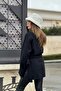 Women's Black Double Breasted Collar, Side Tie Detail, Slit Stamp Jacket - 6
