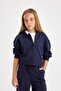 Girl's Text Printed Navy Blue Hooded Zippered School Sweatshirt C6876A824Au - 4