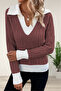 Women's V-Neck Run Pattern Hair Knit Cinnamon Knitwear Sweater - 2