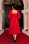 Chiffon Crepe Fabric Square Neck Midi Dress - Red - 5