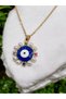 Gold Color Blue Evil Eye Bead Zircon Stone Pearl Non-Tarnish Steel Necklace - 2
