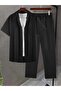 Men's Black Short Sleeve Shirt and Pants Wrinkle Crinkle Suit - 2