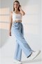 Women's Snow Washed Elastic Waist Comfortable Fit Wide Leg Blue Jean Soft Denim Trousers with Pockets