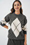 15895 Diamond Patterned Oversize Knitwear Sweater - Anthracite - 3