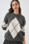 15895 Diamond Patterned Oversize Knitwear Sweater - Anthracite - 4
