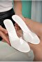Women's White Patent Leather Transparent Strap 7.5cm Transparent Heeled Round Toe Slippers