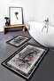 2-Piece Bathroom Kitchen Mat Set with Framed Flower Floral Antique Motif on Black Red Floor - 5