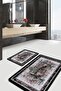 2-Piece Bathroom Kitchen Mat Set with Framed Flower Floral Antique Motif on Black Red Floor - 2