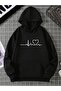 سويت شيرت إيقاعي على شكل قلب - غطاء رأس شتوي سميك كبير الحجم مطبوع باللون الأسود
