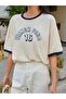 French Paris Piecework Single Jersey T-Shirt - Beige Oversize Crew Neck Short Sleeve T-Shirt