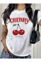 Cherry Happy Printed White Tshirt Mother Daughter Combination - Oversize Crew Neck T-Shirt