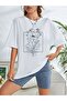 Floral Pattern T-shirt - White Printed Oversize Crew Neck Short Sleeve T-Shirt - 4