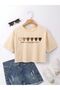 Minimal Hearts Printed Women's Crop Beige T-Shirt