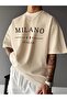 Milano Italia Printed Single Jersey Beige T-Shirt - Oversize Crew Neck T-Shirt