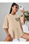 Minimal Heart T-Shirt - Light Brown Printed Oversize Crew Neck Short Sleeve T-Shirt
