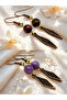 Tiger Eye & Amethyst Natural Stone 2-Piece Earring Set with Dangle - Ornate - 5 cm - Baklava Zamak Apparatus