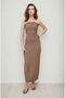 Women's Strapless Collar Long Dress with Drapelled Textured Flexible Fabric on the Sides