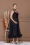 Wrinkled Satin Strap Dress Midi Length - Black - 4