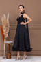 Wrinkled Satin Strap Dress Midi Length - Black - 5