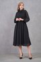 Women's Stand Collar Black Lined Chiffon Fabric Tulle Design Long Sleeve Pleated Midi Dress 094