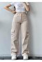 Cream Cargo Pocket High Waist Multi-Pocket High Waist Oversize School Pants - 6