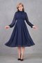 Women's Stand Collar Navy Blue Lined Chiffon Fabric Tulle Design Long Sleeve Pleated Midi Dress 094 - 6