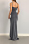 Dark Gray Scuba Fabric Maxi Length Evening Dress - 2
