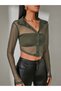 Khaki Women's Long Sleeve Tulle Crop Shirt |   Buttoned Crew Neck Knitted Crop Blouse |   Daily Casual Transparent Tulle Women's Top Clothing - 3