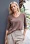 Women's Quality Modal Stretchy Fabric V-Neck Off-Shoulder Capri Three-Quarter Sleeve Lightweight Loose Blouse-Coffee - 3