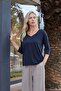 Women's Quality Modal Stretchy Fabric V-Neck Off-Shoulder Capri Three-Quarter Sleeve Lightweight Loose Blouse-Navy Blue - 3