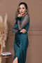 Satin Sleeves, Feathered Beaded Mermaid Dress - EMERALD GREEN - 4