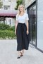 Women's Linen Detailed Top Part Lycra Short Sleeve Gathered Waist Long Dress-Black White - 3