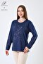 Women's Indigo Coated Patterned Stoned Slit Lycra Viscose Mother Combed Cotton Blouse