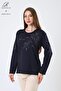 Women's Navy Blue Large Size Floral Patterned Stoned Slit Lycra Viscose Mother Combed Cotton Blouse